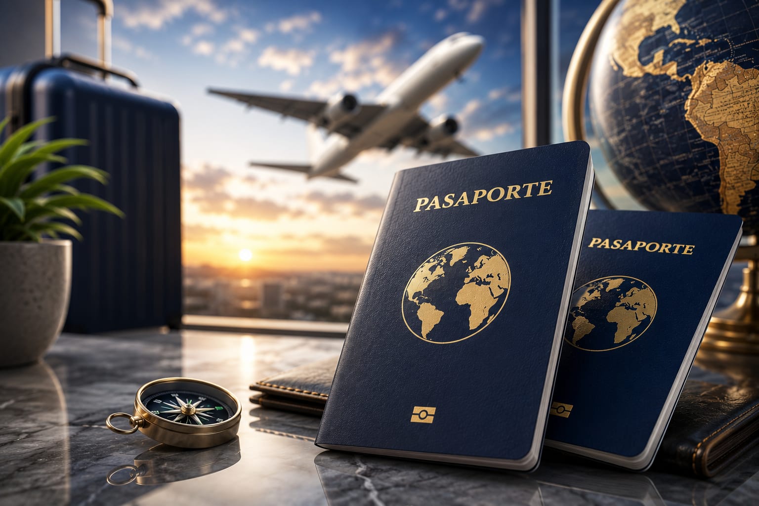 Fotografía real de pasaporte y equipo de viaje